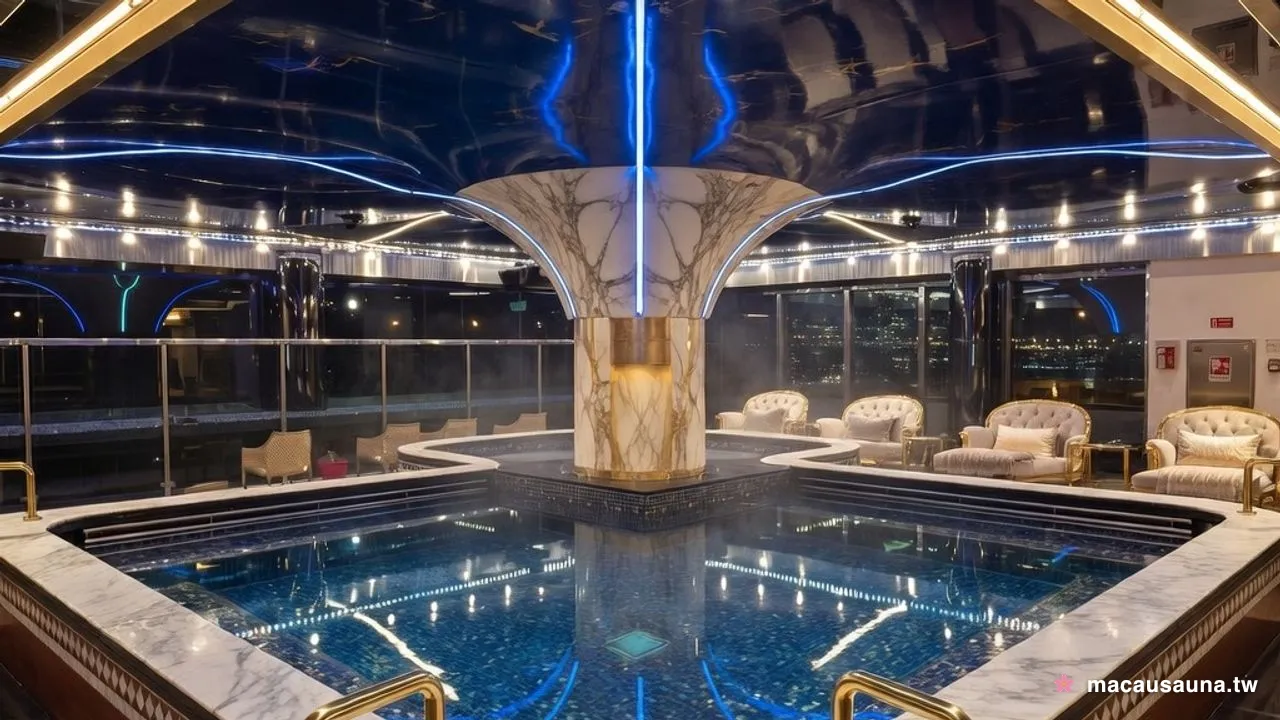 Blue mosaic bathing pool with marble surrounds and a mirrored ceiling at The Excellent Sauna on the Macau peninsula
