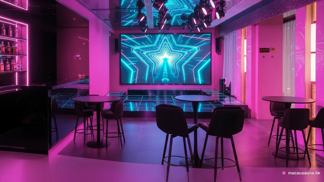 The stage at Number Nine Spa, a Macau sauna: a lit glass-tiled stage in front of a large LED screen showing a blue star pattern, spotlights hanging from the ceiling, pink walls and high tables with bar stools