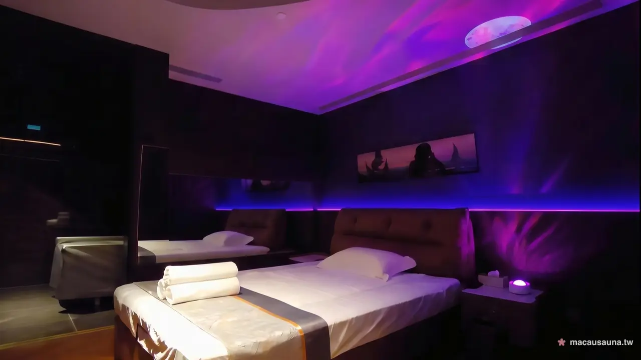 A private room at Number Nine Spa in Macau lit in purple: a made bed with a gold runner and folded white towels, a curved ceiling washed in violet light and a low blue light strip along the wall