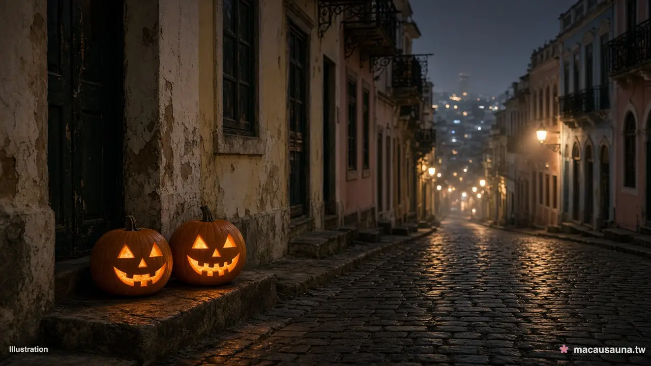 Illustration for a Macau sauna Halloween article: two carved pumpkin lanterns glowing on a stone step in an old cobbled lane at night, with pastel facades and blurred city lights behind