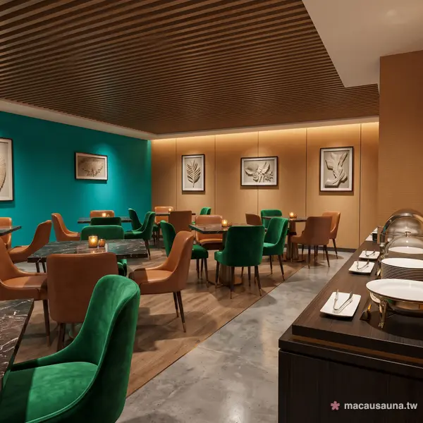 富豪皇宮水療薈餐廳 — 青綠色牆面與自助餐台