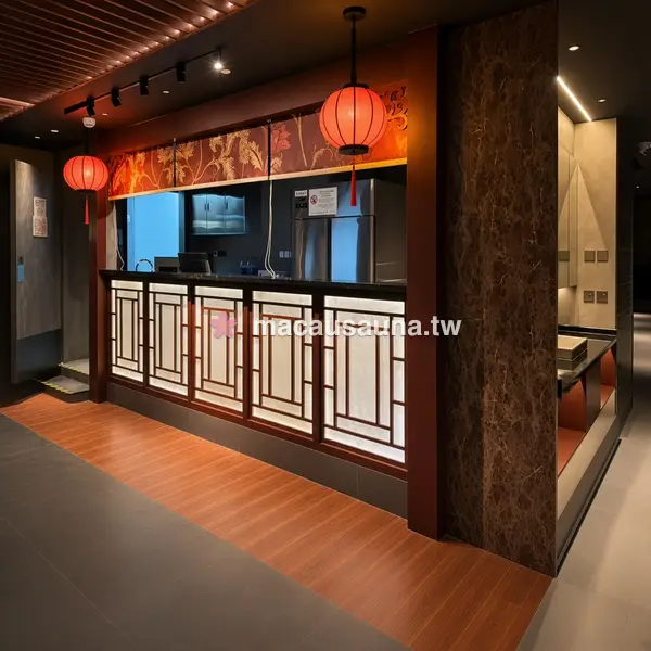 八湯御桑拿接待吧檯 — 紅燈籠與格柵櫃面